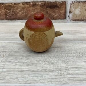 Vintage Wooden Teapot Trinket Box Red Lid Hand Painted Folk Art Decor